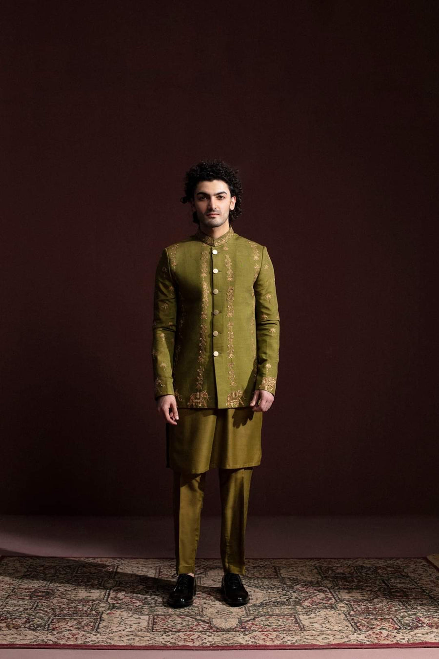 OLIVE GREEN PRINCE COAT WITH HAND EMBROIDERED ON IT