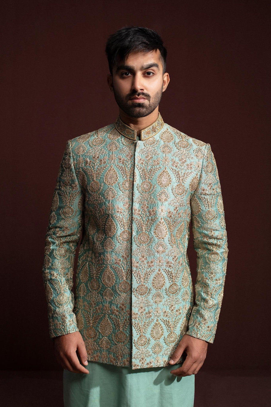 GREEN HAND EMBROIDERED PRINCE COAT