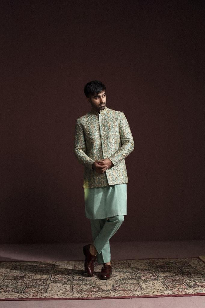 GREEN HAND EMBROIDERED PRINCE COAT