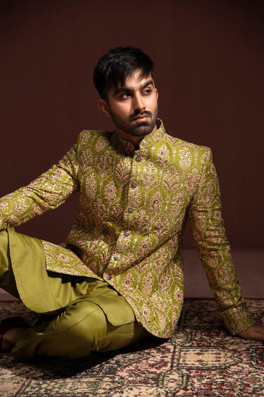 GREEN EMBROIDERED PRINCE COAT