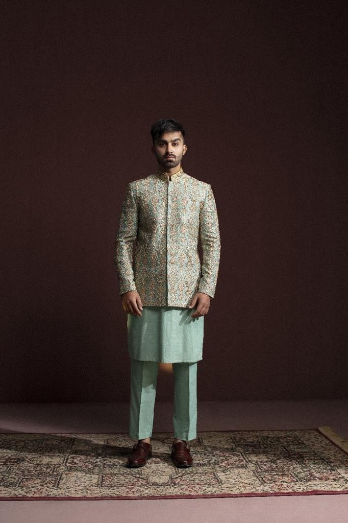 GREEN HAND EMBROIDERED PRINCE COAT