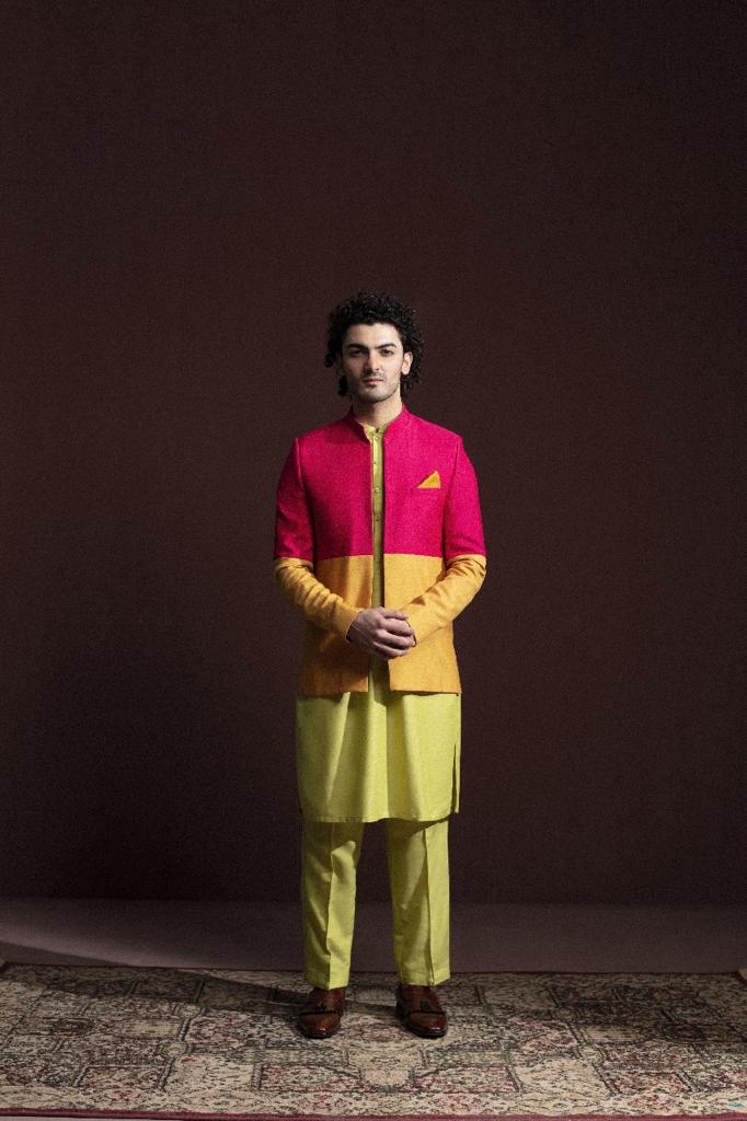 PINK & MUSTARD COLOR BLOCK PRINCE COAT