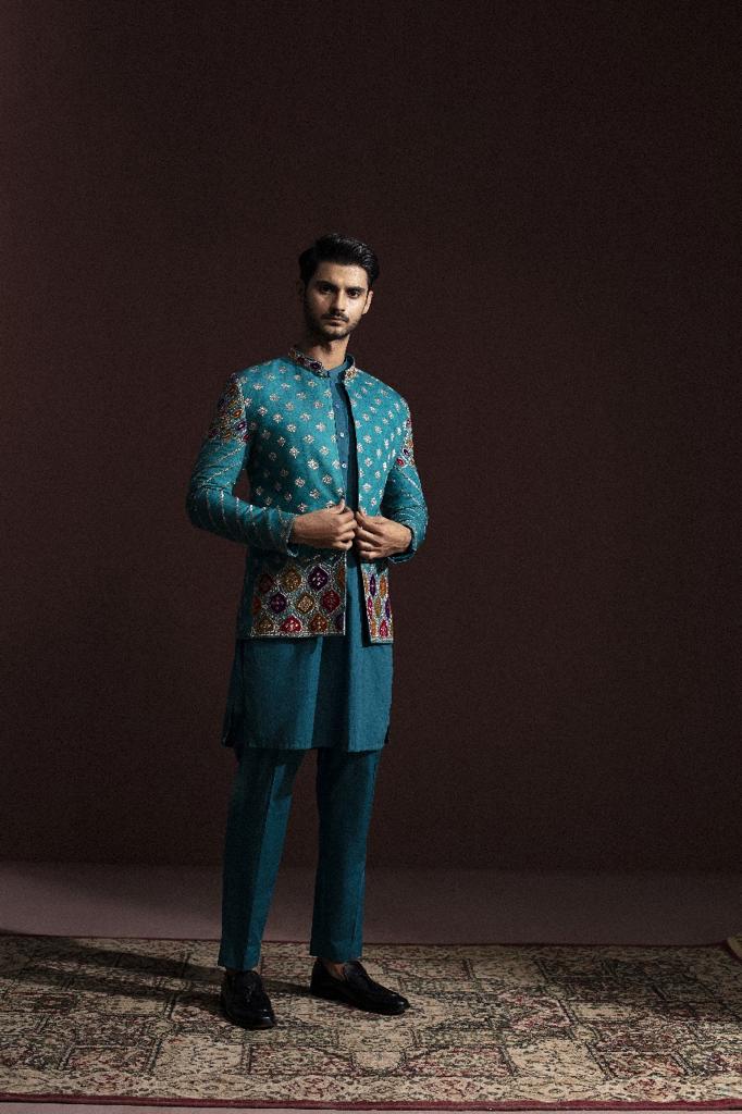SEA GREEN EMBROIDERED PRINCE COAT
