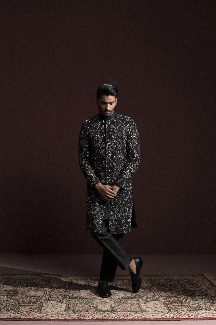 BLACK SHERWANI WITH SILVER HAND EMBROIDERY