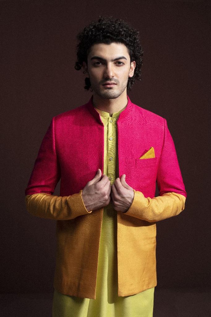 PINK & MUSTARD COLOR BLOCK PRINCE COAT