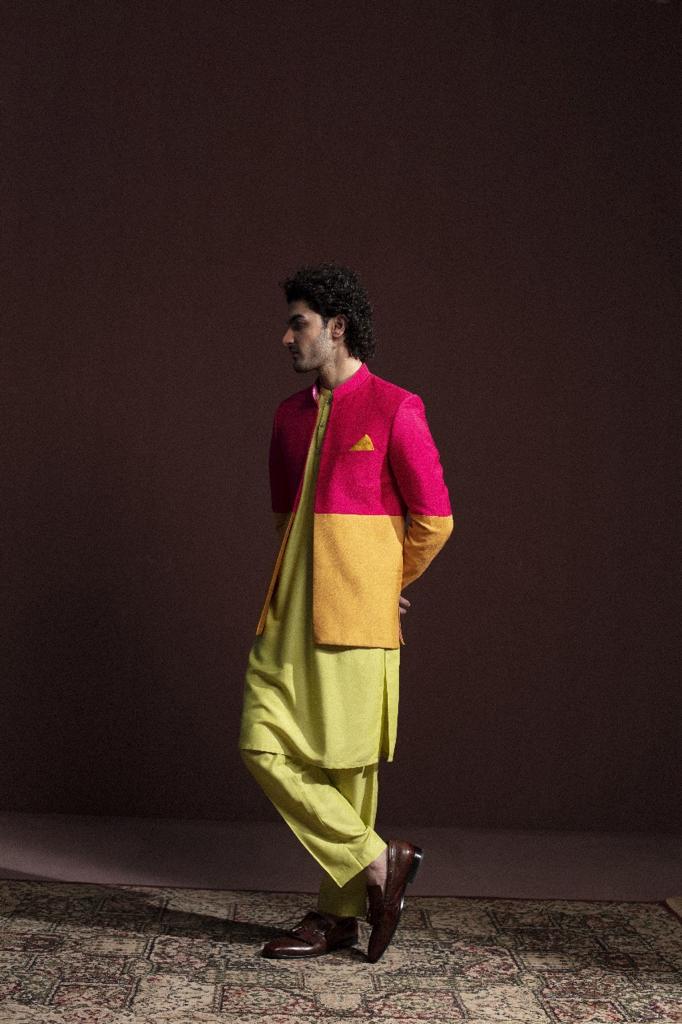 PINK & MUSTARD COLOR BLOCK PRINCE COAT