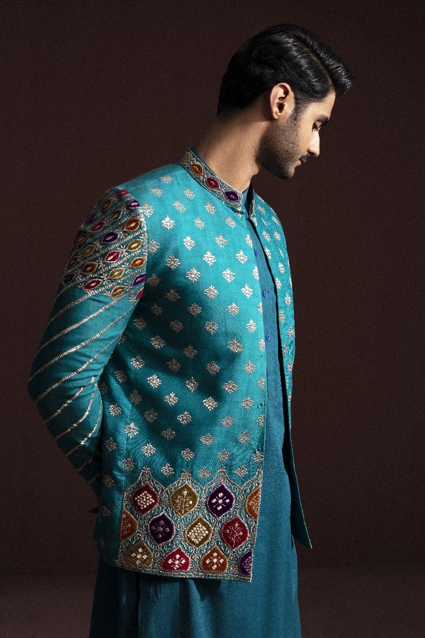 SEA GREEN EMBROIDERED PRINCE COAT
