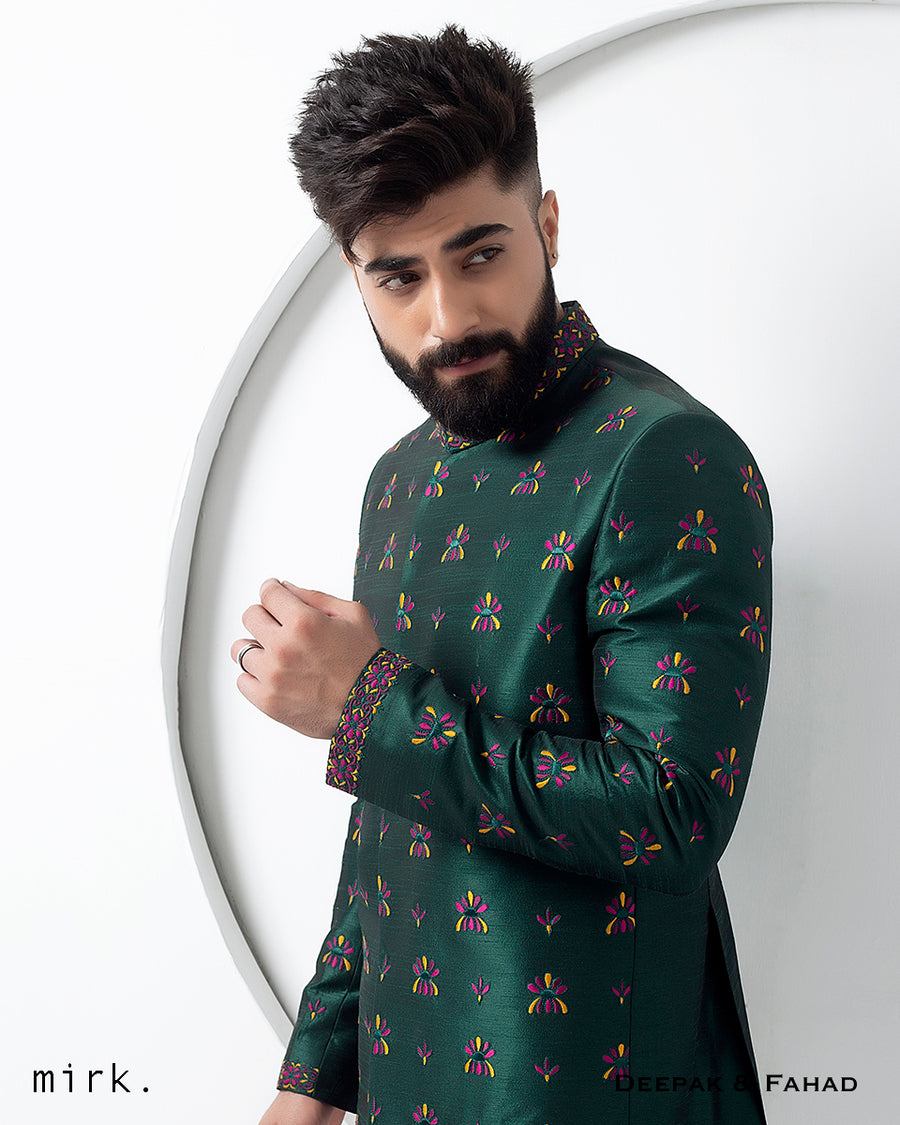 GREEN RAW SILK EMBROIDERED PRINCE COAT