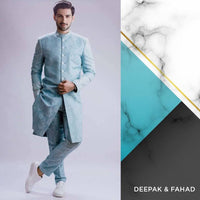 Ice blue self-karandi atlas plain Sherwani - Hand embroidered cuffs.